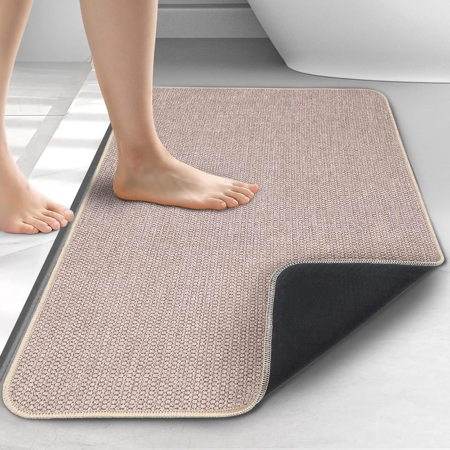 Upgraded Thin Bathroom Rugs, Bath Mat Super Absorbent, Bath Rugs Rubber Backing Non-Slip, Quick Dry Machine Washable, Cozy Cloth Bathroom Mat fit Under Door/Sink/ Bathtub/Area Rug Sets 24''x36''-Biege