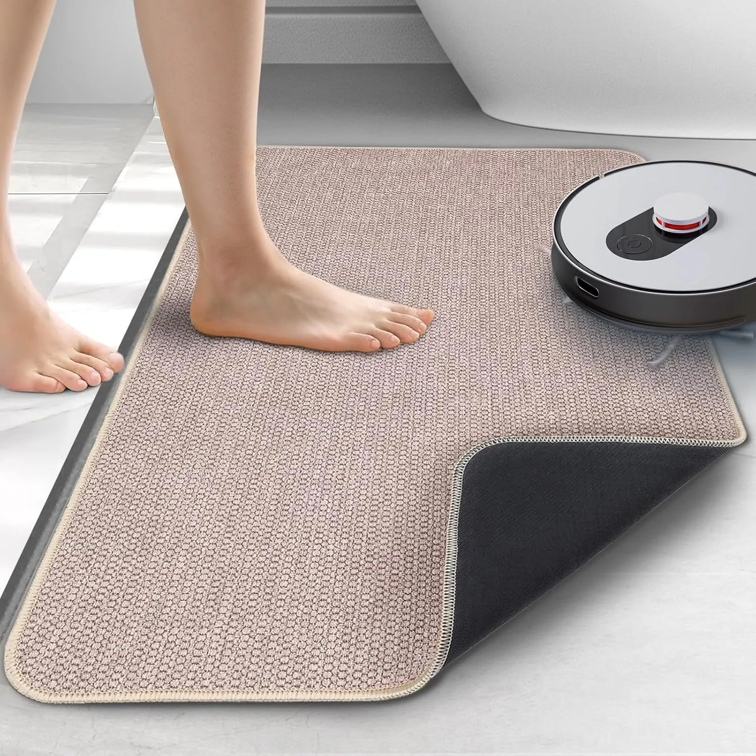 Upgraded Thin Bathroom Rugs, Bath Mat Super Absorbent, Bath Rugs Rubber Backing Non-Slip, Quick Dry Machine Washable, Cozy Cloth Bathroom Mat fit Under Door/Sink/ Bathtub/Area Rug Sets 24''x36''-Biege