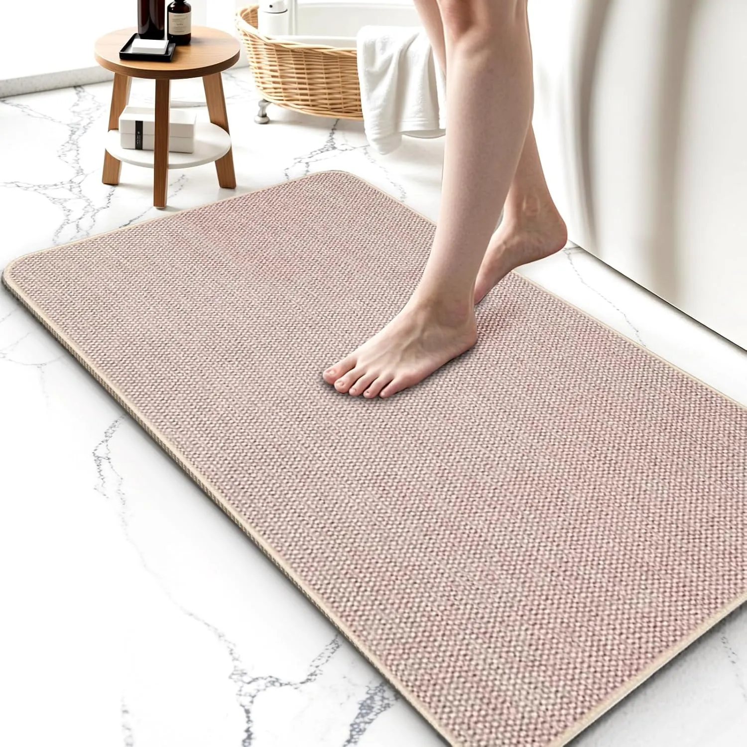 Upgraded Thin Bathroom Rugs, Bath Mat Super Absorbent, Bath Rugs Rubber Backing Non-Slip, Quick Dry Machine Washable, Cozy Cloth Bathroom Mat fit Under Door/Sink/ Bathtub/Area Rug Sets 24''x36''-Biege