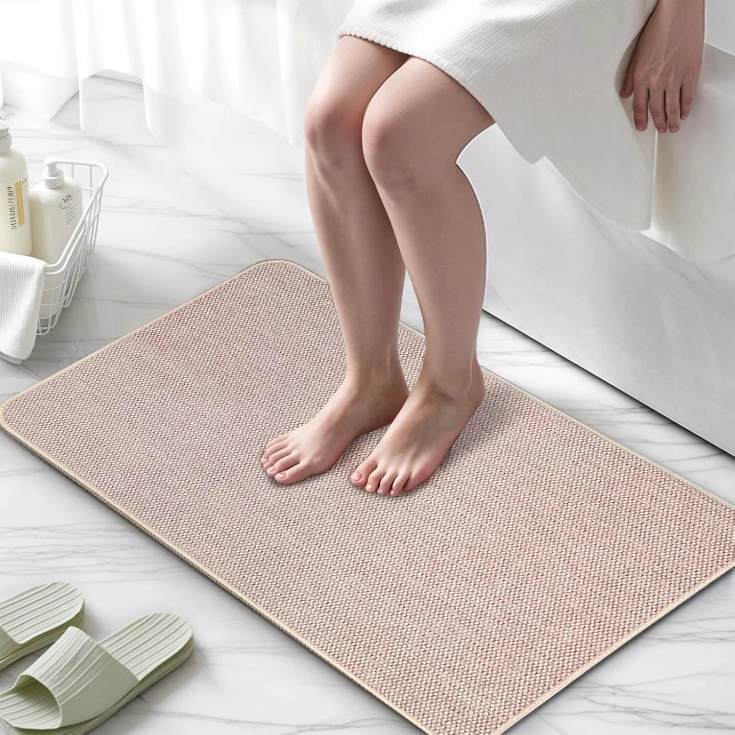 Upgraded Thin Bathroom Rugs, Bath Mat Super Absorbent, Bath Rugs Rubber Backing Non-Slip, Quick Dry Machine Washable, Cozy Cloth Bathroom Mat fit Under Door/Sink/ Bathtub/Area Rug Sets 24''x36''-Biege