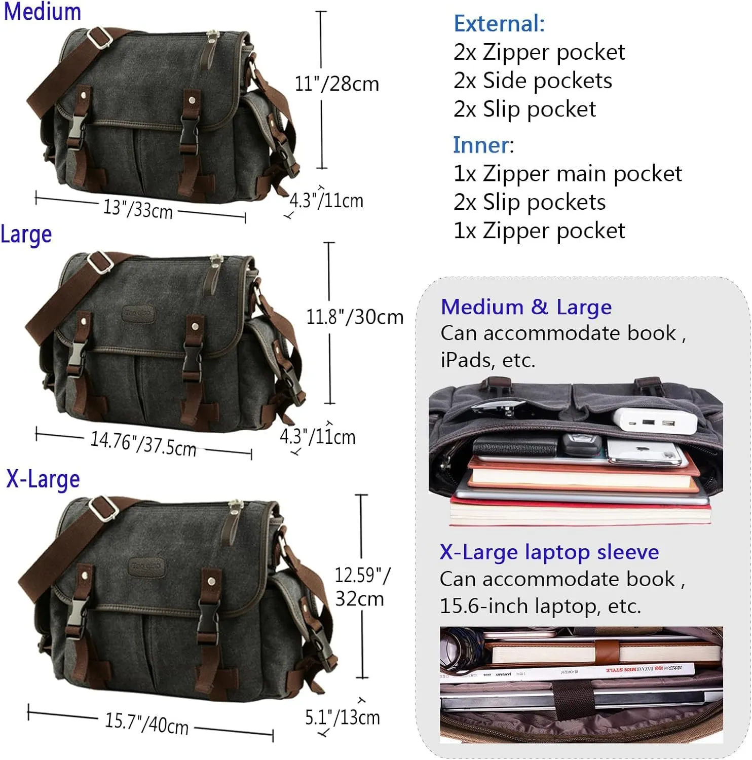 [Upgraded] Vintage Canvas Messenger Bag Large Book Laptop Shoulder Bag Women Men New