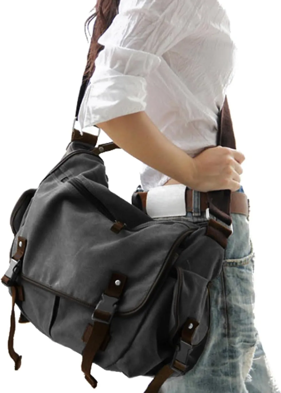 [Upgraded] Vintage Canvas Messenger Bag Large Book Laptop Shoulder Bag Women Men New