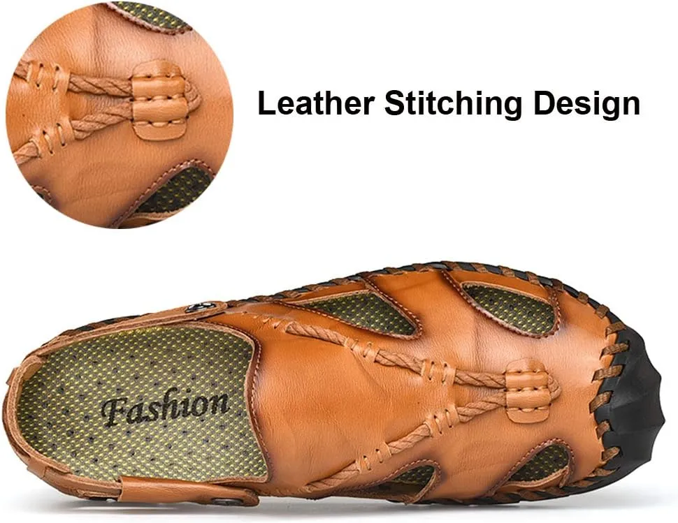 UPIShi Men's Closed Toe Leather Casual Fisherman Stitching Slippers Beach Summer Sandals