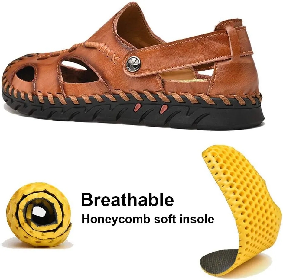 UPIShi Men's Closed Toe Leather Casual Fisherman Stitching Slippers Beach Summer Sandals