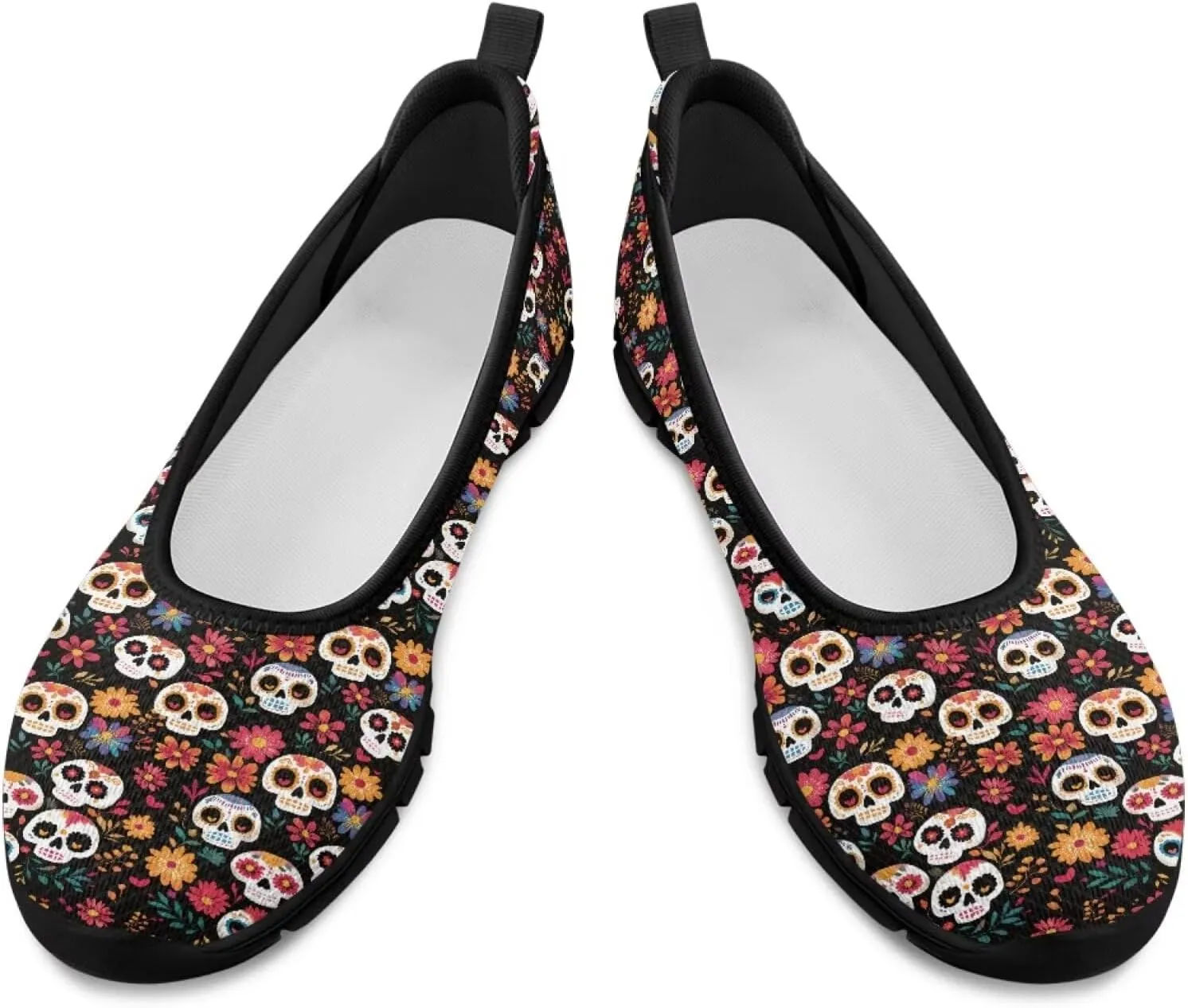 Various Creative Skull Print Walking Shoes Women Lightweight Slip On Ballet Flats Fit Comfort Mesh Casual Sneakers Work & Travel
