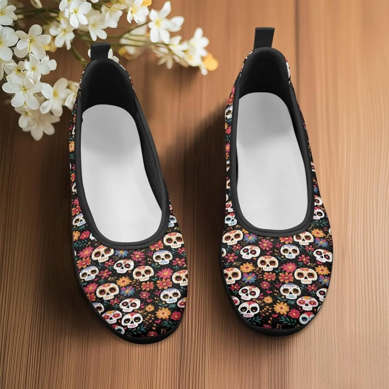 Various Creative Skull Print Walking Shoes Women Lightweight Slip On Ballet Flats Fit Comfort Mesh Casual Sneakers Work & Travel
