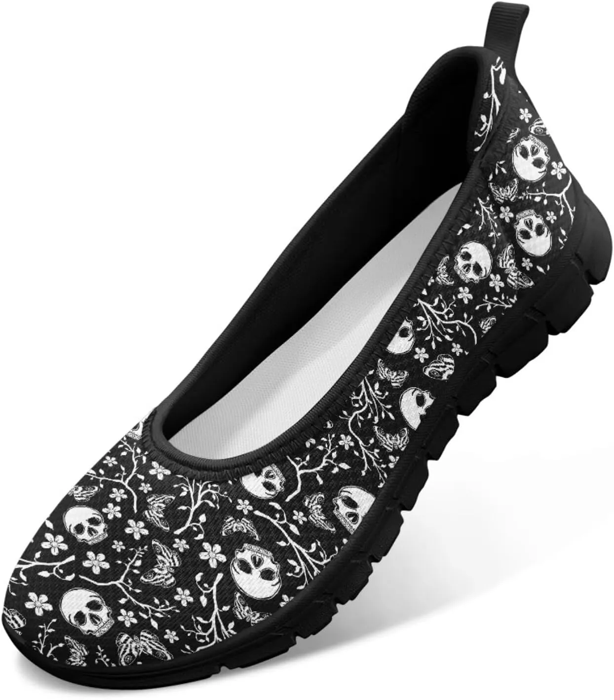 Various Creative Skull Print Walking Shoes Women Lightweight Slip On Ballet Flats Fit Comfort Mesh Casual Sneakers Work & Travel