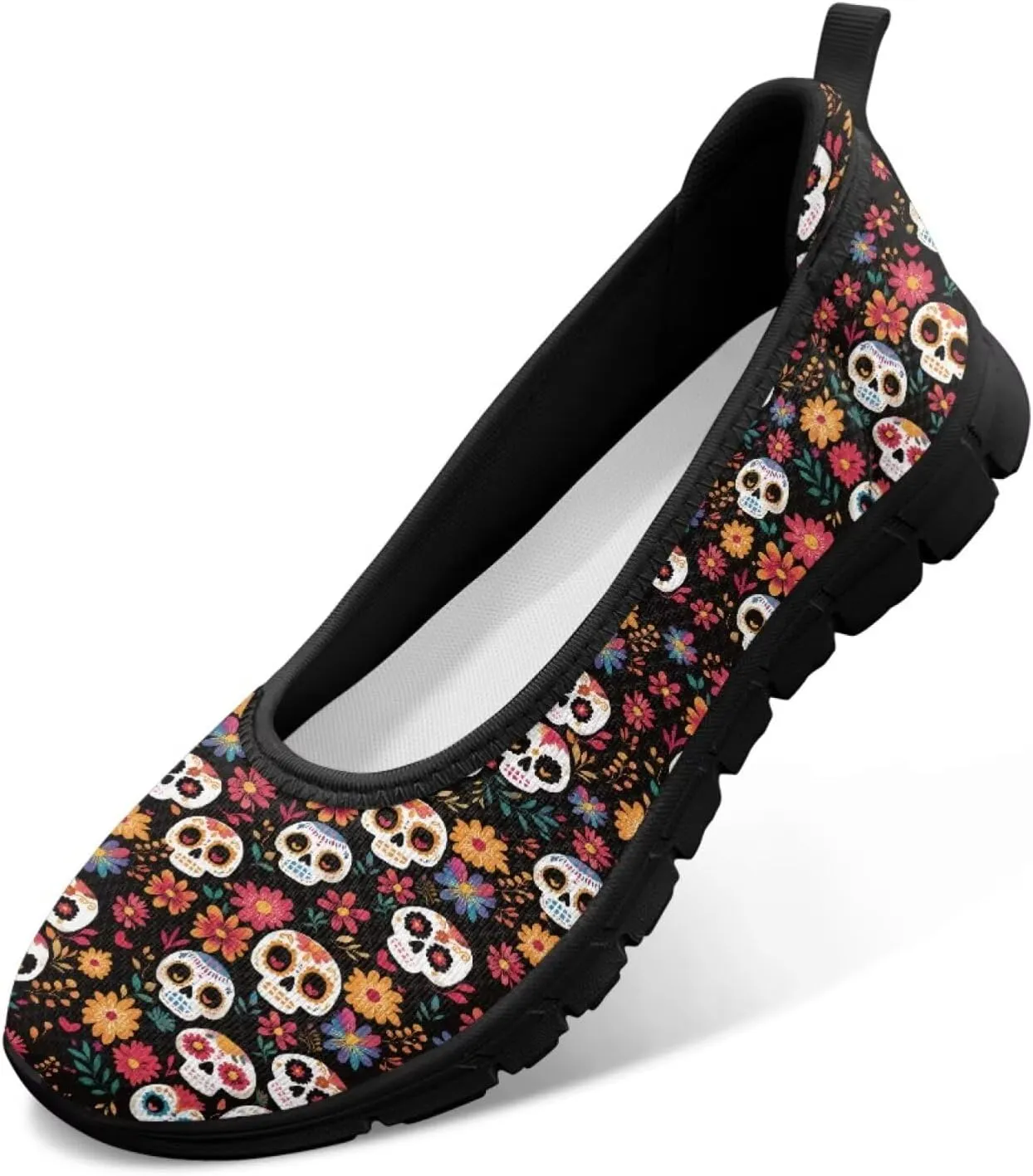 Various Creative Skull Print Walking Shoes Women Lightweight Slip On Ballet Flats Fit Comfort Mesh Casual Sneakers Work & Travel