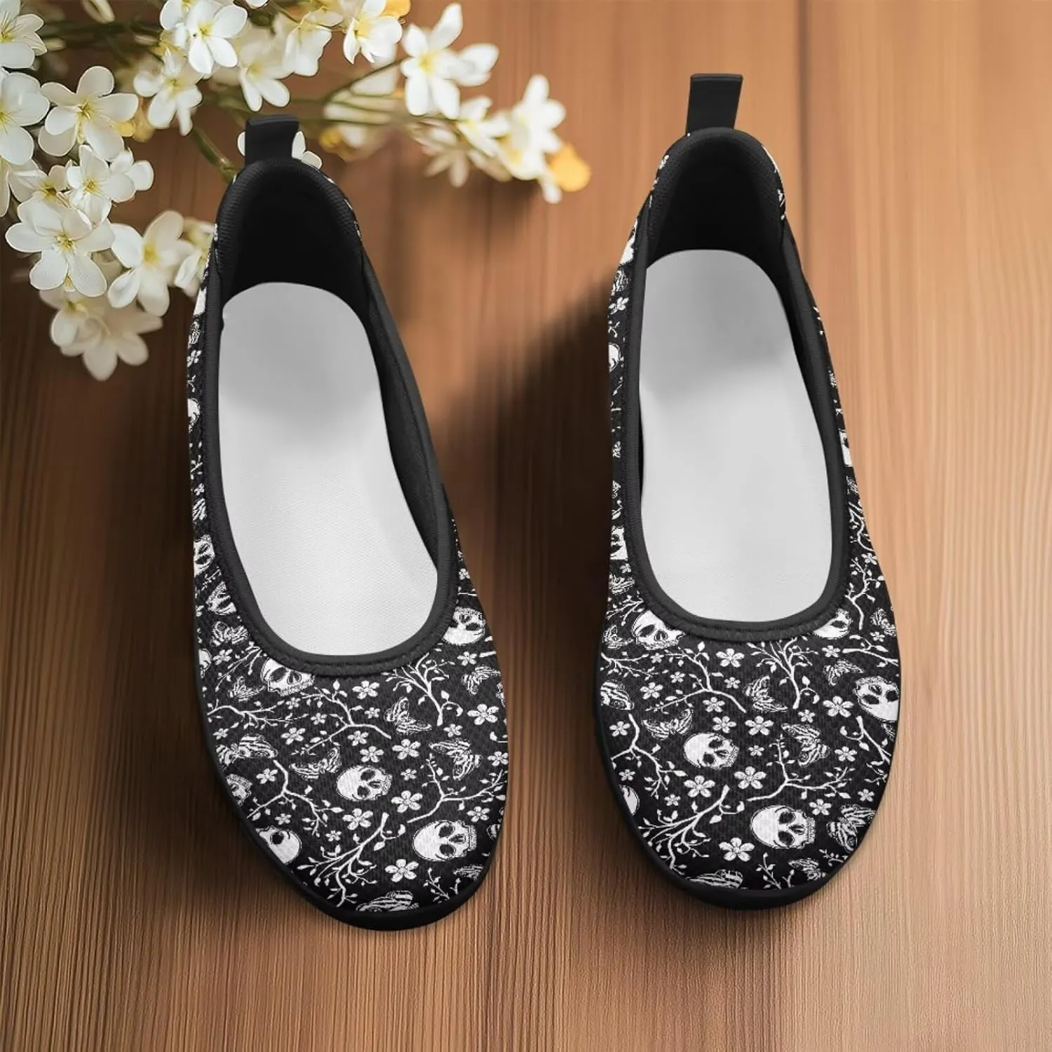 Various Creative Skull Print Walking Shoes Women Lightweight Slip On Ballet Flats Fit Comfort Mesh Casual Sneakers Work & Travel