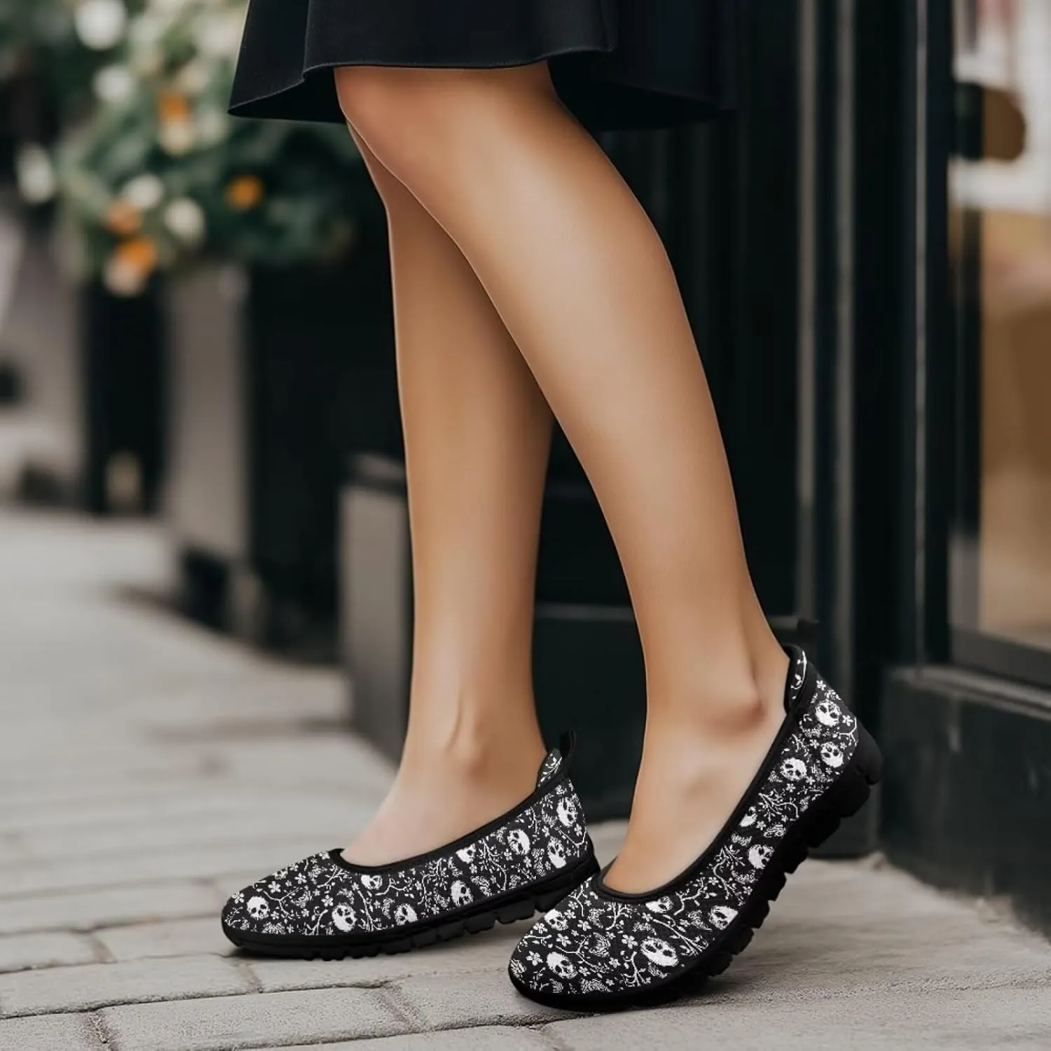 Various Creative Skull Print Walking Shoes Women Lightweight Slip On Ballet Flats Fit Comfort Mesh Casual Sneakers Work & Travel