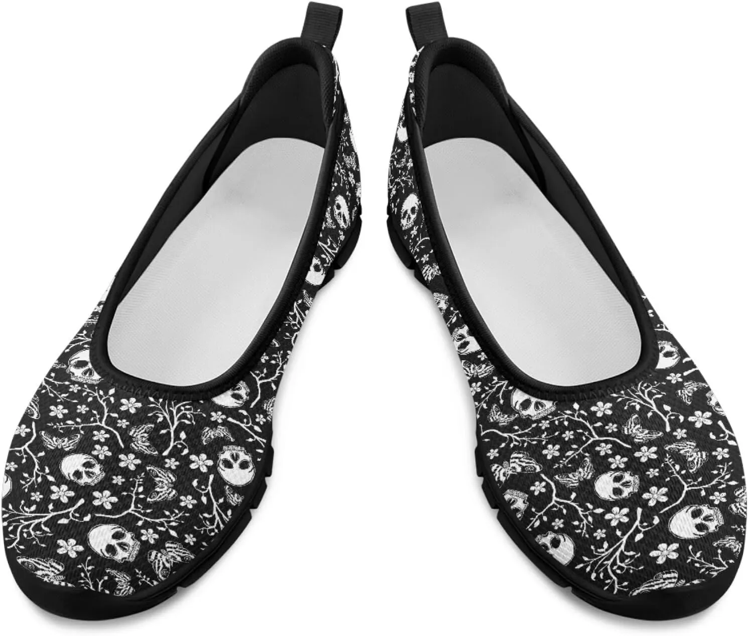 Various Creative Skull Print Walking Shoes Women Lightweight Slip On Ballet Flats Fit Comfort Mesh Casual Sneakers Work & Travel