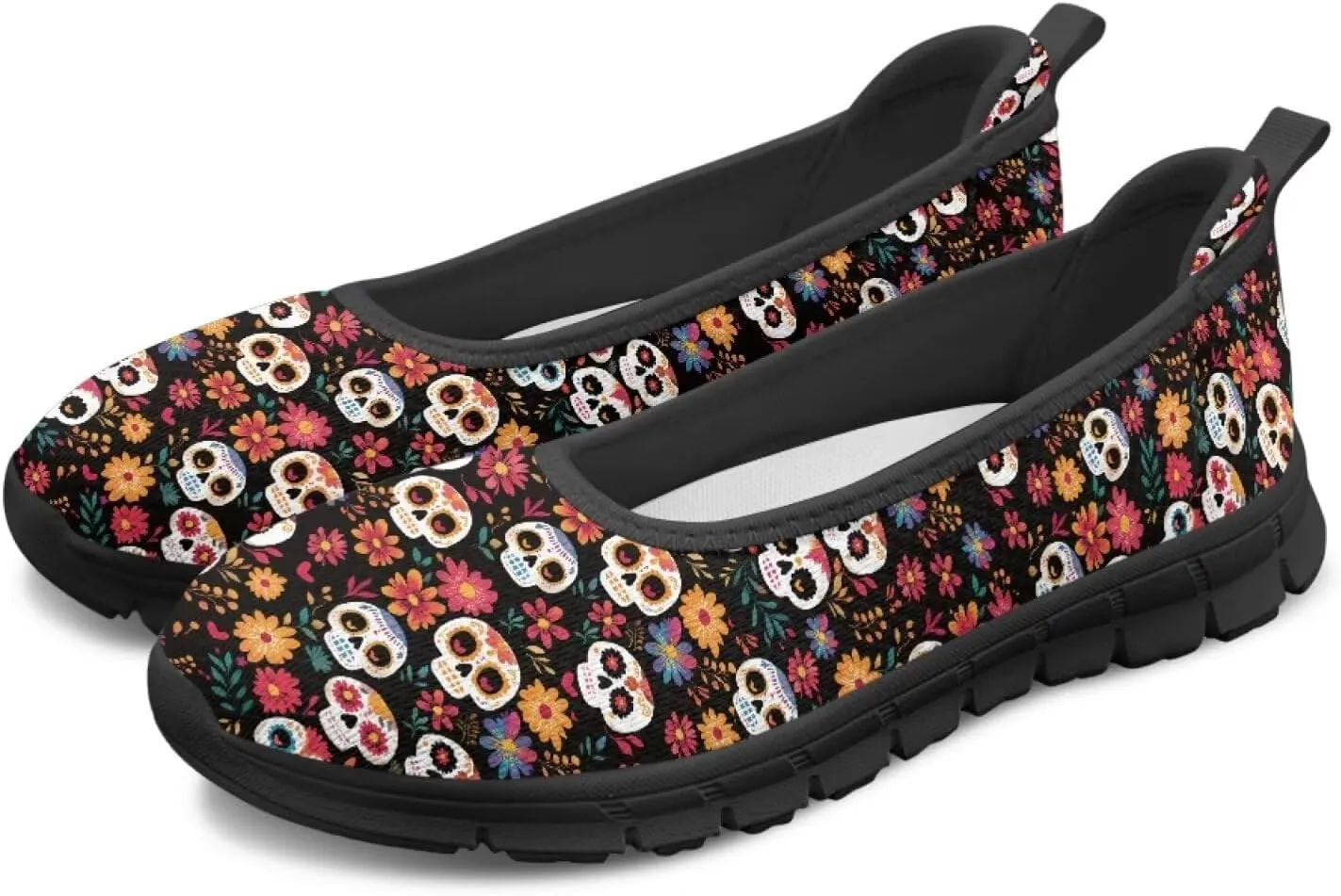 Various Creative Skull Print Walking Shoes Women Lightweight Slip On Ballet Flats Fit Comfort Mesh Casual Sneakers Work & Travel