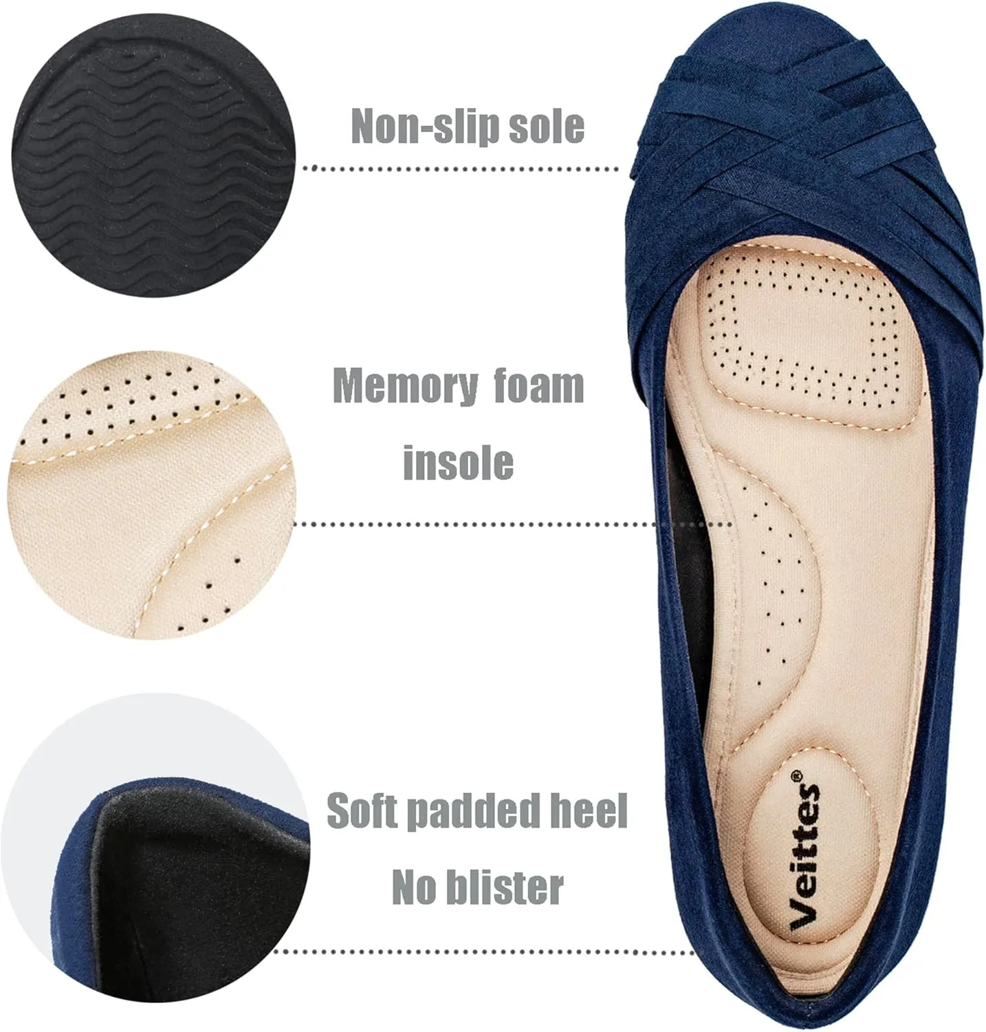 Veittes Women's Wide Width Flat Shoes, Comfortable Casual Round Toe Classy Design Ballet Flats.