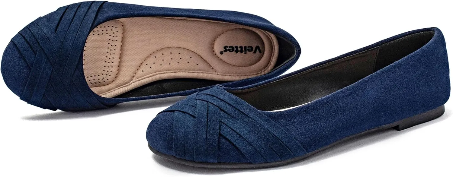 Veittes Women's Wide Width Flat Shoes, Comfortable Casual Round Toe Classy Design Ballet Flats.
