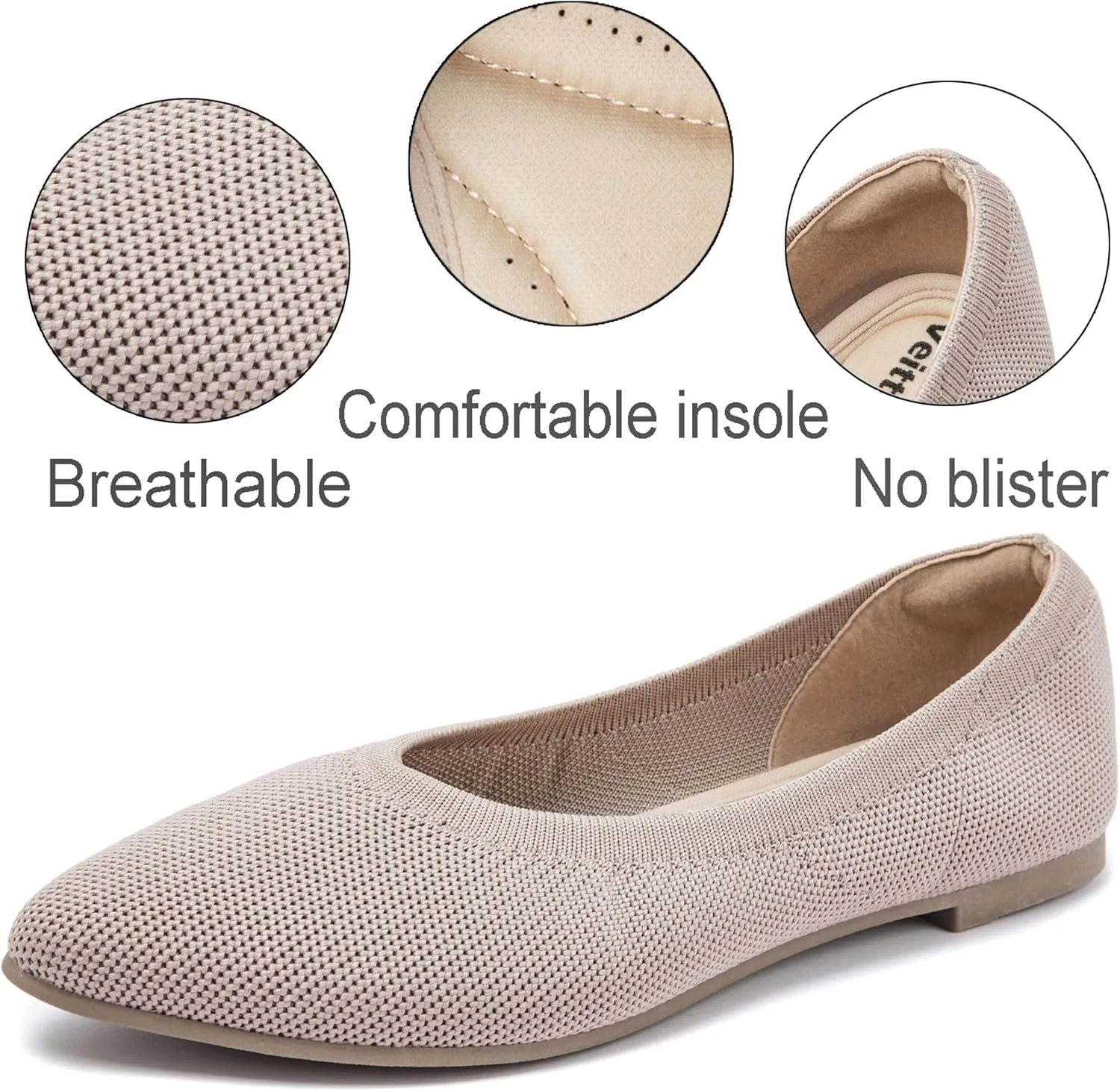 Veittes Women's Wide Width Flats Shoes, Comfortable Breathable Soft Ladies Slip on Knitted Ballet Shoes.