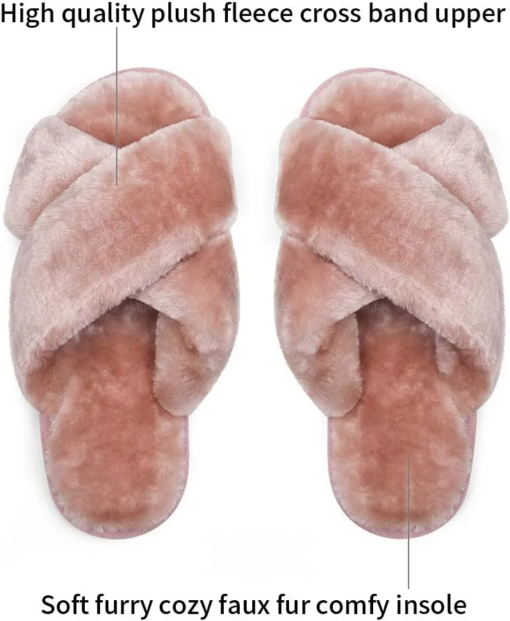 Vepose Women's 801 Cross Band Slippers, Soft Plush Furry Open Toe Fur Slides, Fuzzy Fluffy Slip on House Shoes Indoor Outdoor Slippers
