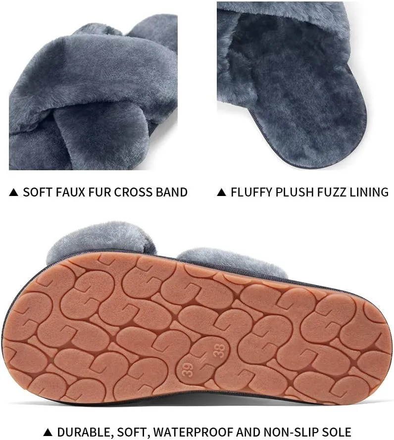Vepose Women's 801 Cross Band Slippers, Soft Plush Furry Open Toe Fur Slides, Fuzzy Fluffy Slip on House Shoes Indoor Outdoor Slippers