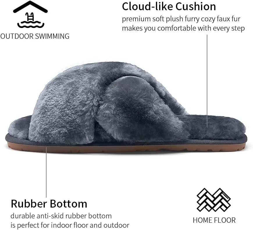 Vepose Women's 801 Cross Band Slippers, Soft Plush Furry Open Toe Fur Slides, Fuzzy Fluffy Slip on House Shoes Indoor Outdoor Slippers
