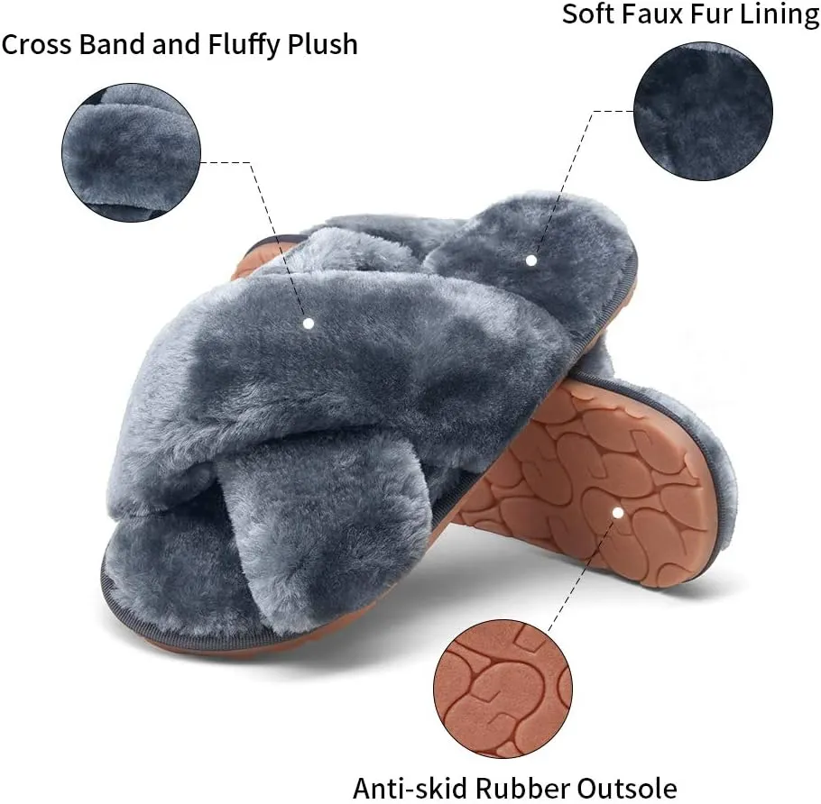 Vepose Women's 801 Cross Band Slippers, Soft Plush Furry Open Toe Fur Slides, Fuzzy Fluffy Slip on House Shoes Indoor Outdoor Slippers