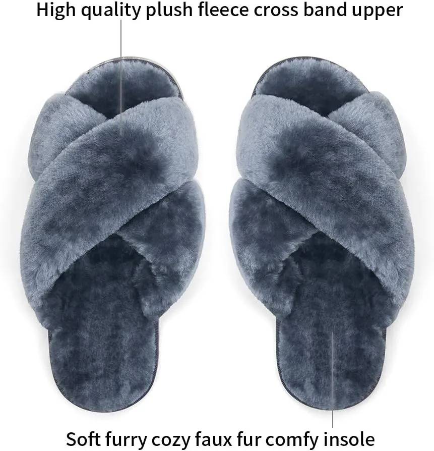 Vepose Women's 801 Cross Band Slippers, Soft Plush Furry Open Toe Fur Slides, Fuzzy Fluffy Slip on House Shoes Indoor Outdoor Slippers