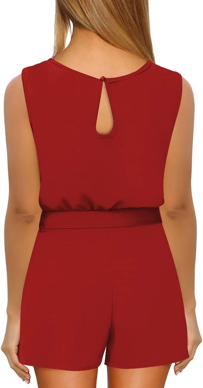 Vetinee Womens Summer Belted Romper Keyhole Back Short Sleeve Jumpsuit Playsuit