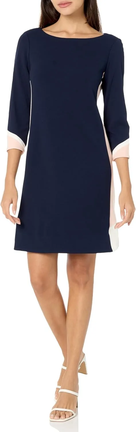 Vince Camuto Women's 3/4 Sleeve Boat Neck Scuba Crepe Shift Mini Dress