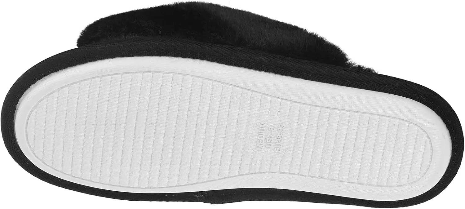 VONMAY Women's Soft Cross Band Slippers Plush Furry Slides Faux Fur Open Toe Comfy Slip On House Shoes