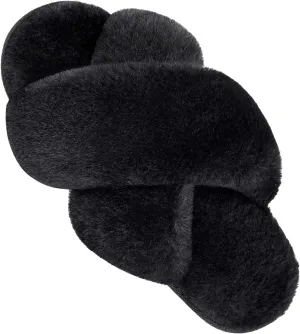 VONMAY Women's Soft Cross Band Slippers Plush Furry Slides Faux Fur Open Toe Comfy Slip On House Shoes