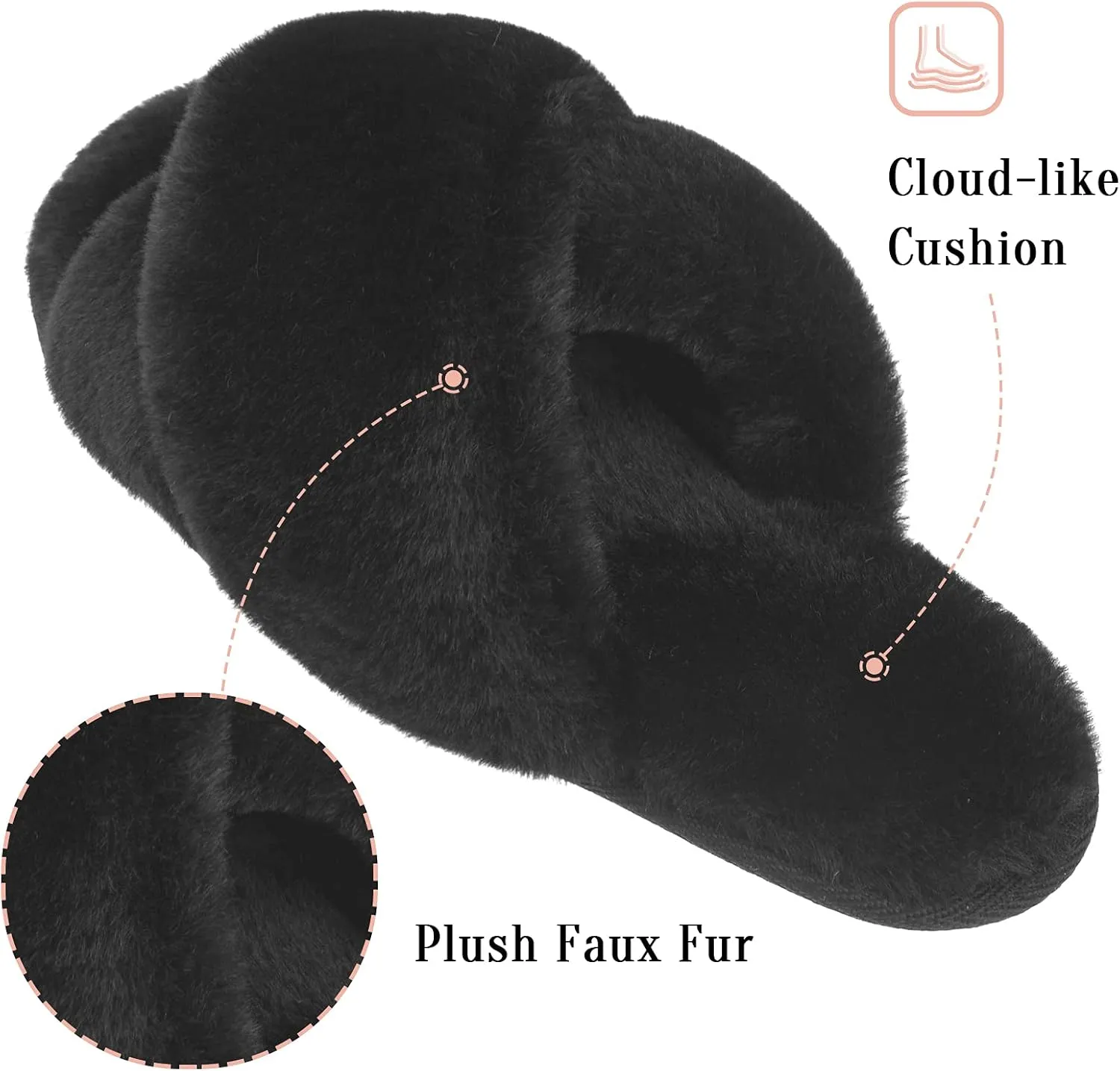 VONMAY Women's Soft Cross Band Slippers Plush Furry Slides Faux Fur Open Toe Comfy Slip On House Shoes