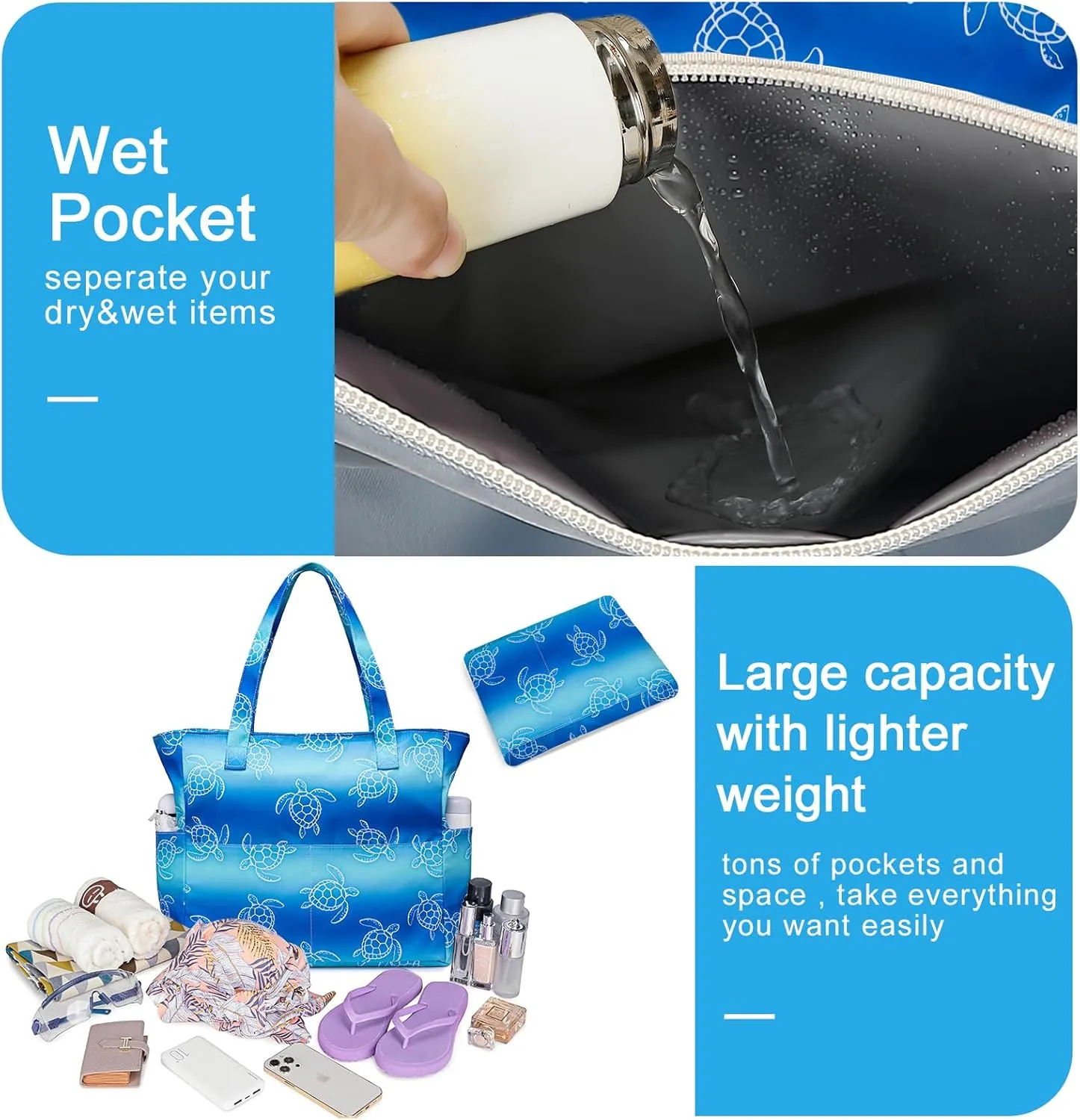 Waterproof Beach Tote Pool Bags for Women Ladies Extra Large Gym Tote Carry On Bag With Wet Compartment for Weekender Travel