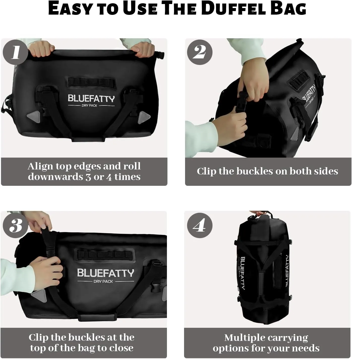 Waterproof Motorcycle Duffel Bag Roll Top Dry Duffel Bag with Quick-fixed Straps for Rafting, Boating, Kayaking, Travel, 50L(Black)