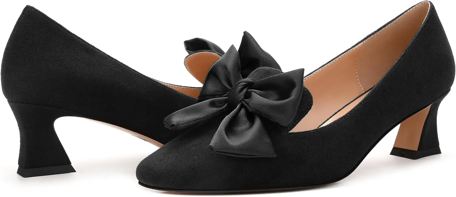 WAYDERNS Womens Bow Solid Bridal Suede Square Toe Slip On Fashion Kitten Low Heel Pumps Shoes 2 Inch