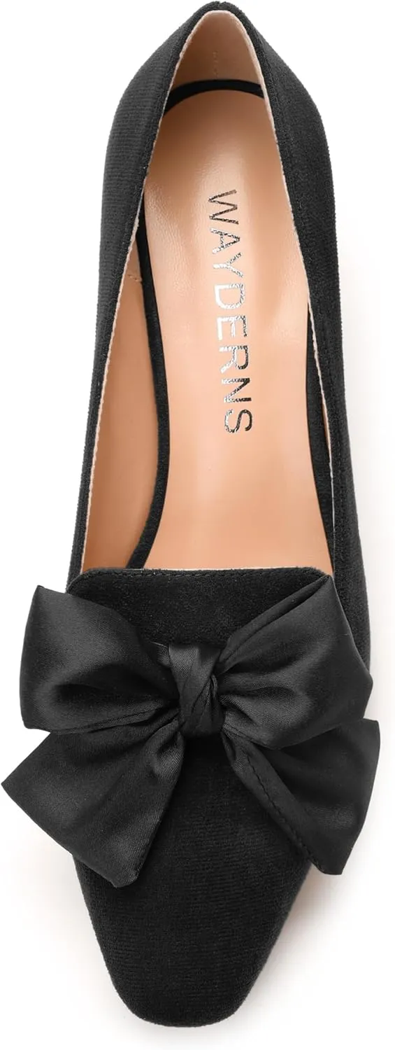 WAYDERNS Womens Bow Solid Bridal Suede Square Toe Slip On Fashion Kitten Low Heel Pumps Shoes 2 Inch