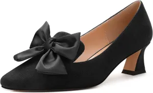 WAYDERNS Womens Bow Solid Bridal Suede Square Toe Slip On Fashion Kitten Low Heel Pumps Shoes 2 Inch