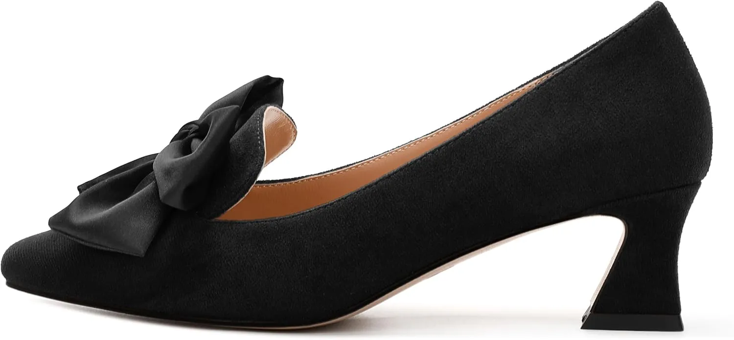 WAYDERNS Womens Bow Solid Bridal Suede Square Toe Slip On Fashion Kitten Low Heel Pumps Shoes 2 Inch