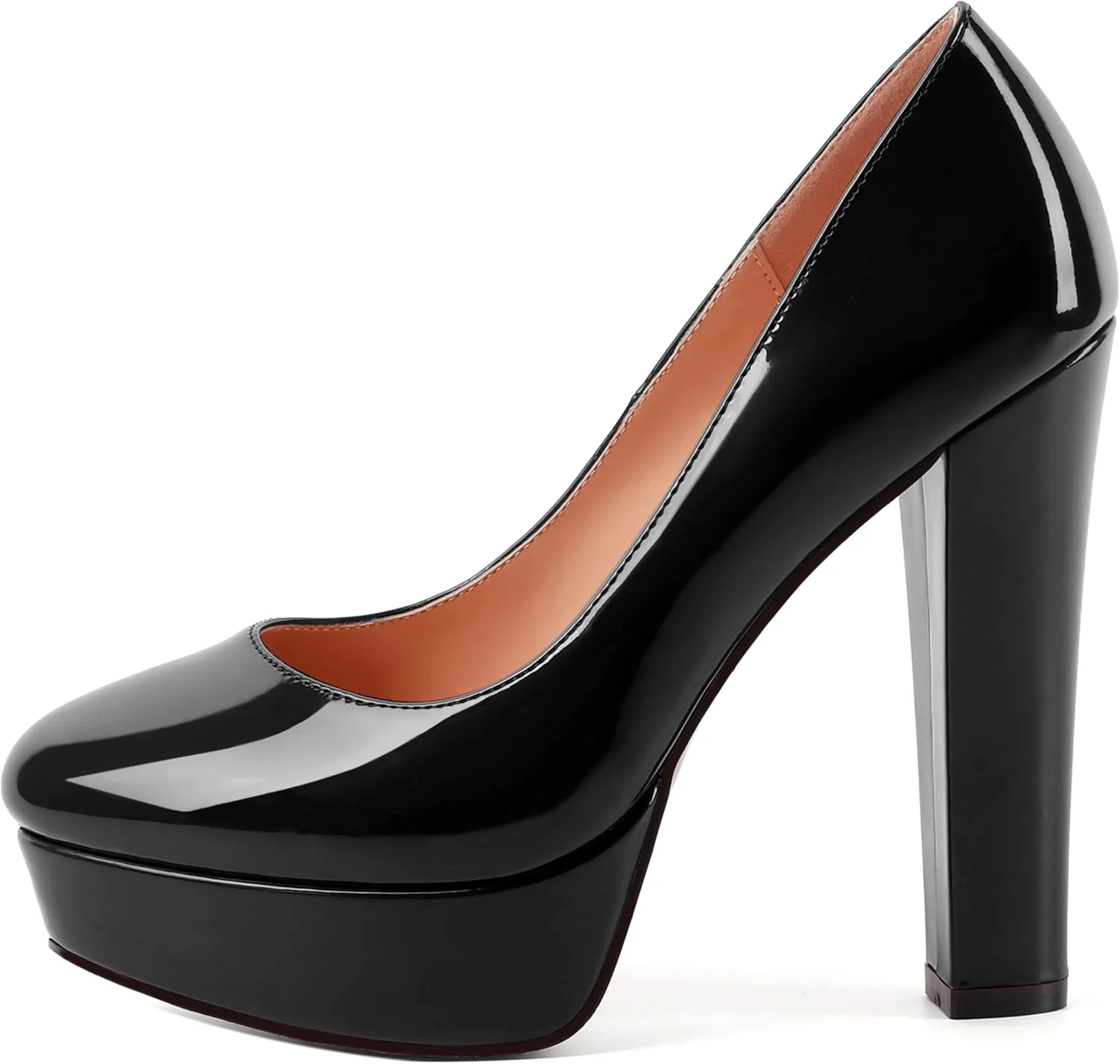 WAYDERNS Womens Round Toe Slip On Casual Platform Wedding Patent Block High Heel Pumps Shoes 5 Inch