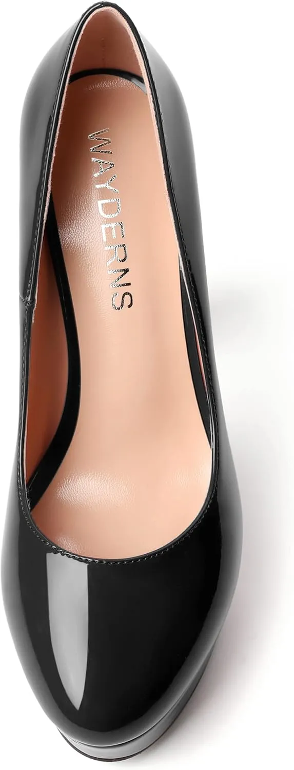 WAYDERNS Womens Round Toe Slip On Casual Platform Wedding Patent Block High Heel Pumps Shoes 5 Inch