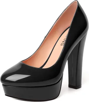 WAYDERNS Womens Round Toe Slip On Casual Platform Wedding Patent Block High Heel Pumps Shoes 5 Inch