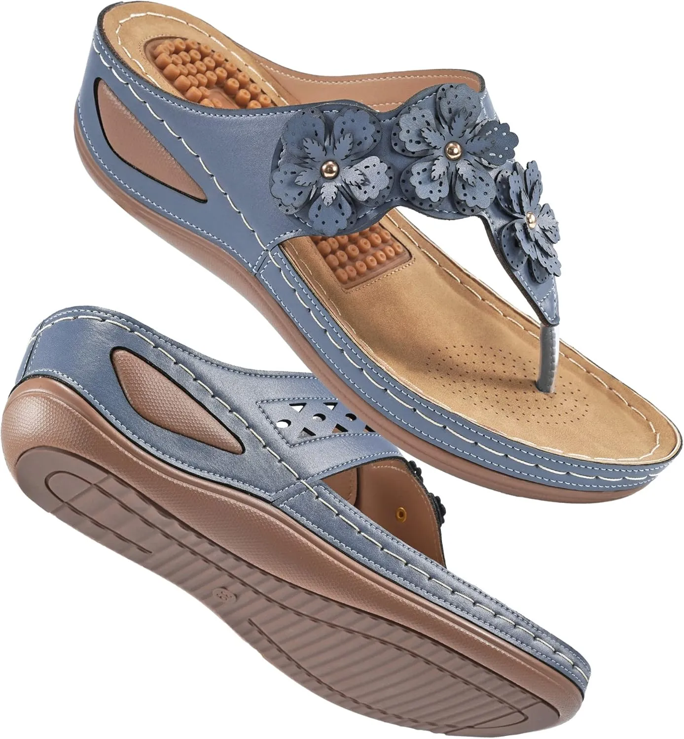 Wedge Sandals for Women Flip-Flops: Adjustable Hook Loop Causal Flower Summer Womens Sandals Comfortable Cushion Women's Flip Flops