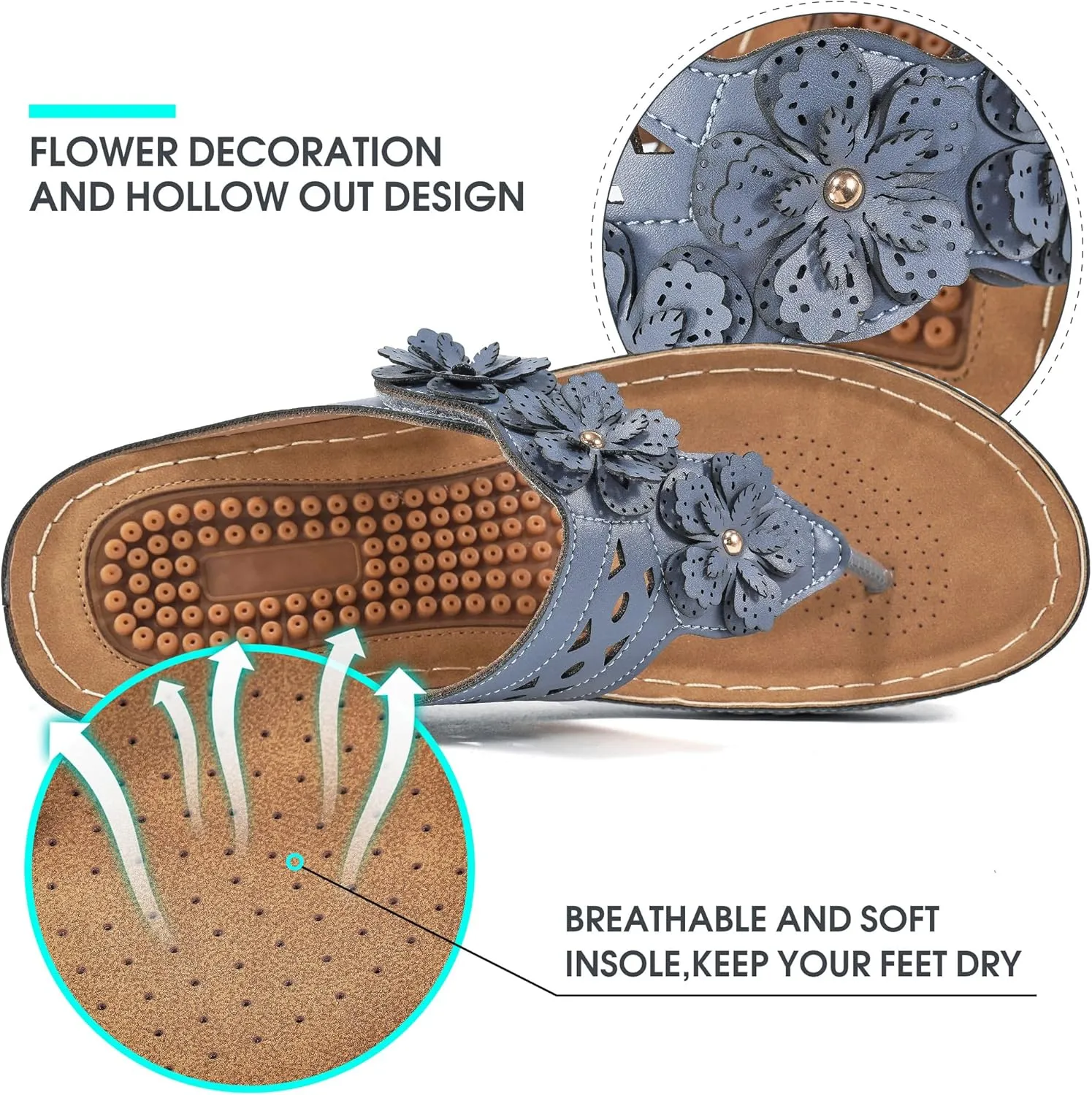 Wedge Sandals for Women Flip-Flops: Adjustable Hook Loop Causal Flower Summer Womens Sandals Comfortable Cushion Women's Flip Flops