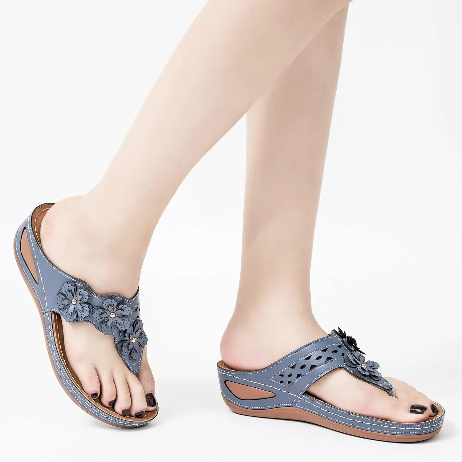 Wedge Sandals for Women Flip-Flops: Adjustable Hook Loop Causal Flower Summer Womens Sandals Comfortable Cushion Women's Flip Flops