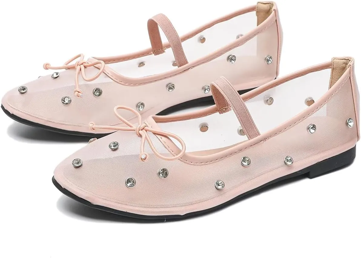 WENJIAZHIZHI Mesh Ballet Flats for Women Buckle Strap Comfy Breathable Shoes Casual Ballerina Shoes