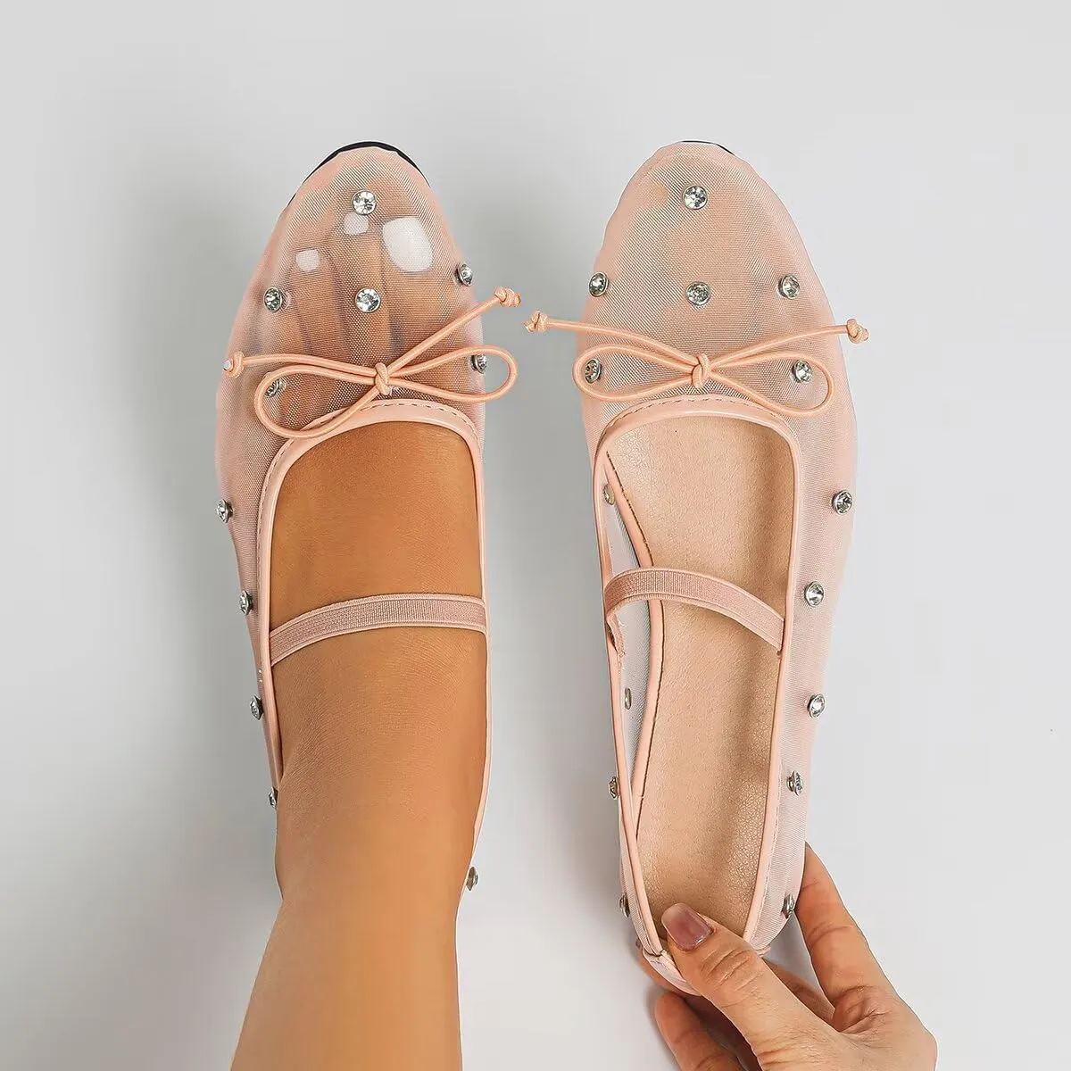 WENJIAZHIZHI Mesh Ballet Flats for Women Buckle Strap Comfy Breathable Shoes Casual Ballerina Shoes