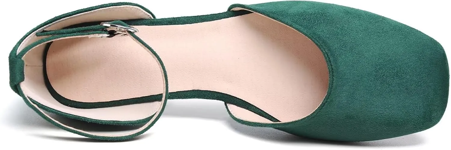 WENJIAZHIZHI Women Square Toe Ankle Buckle Flat Sandals All-Match Comfortable Dressy Wedding Ballets Flats