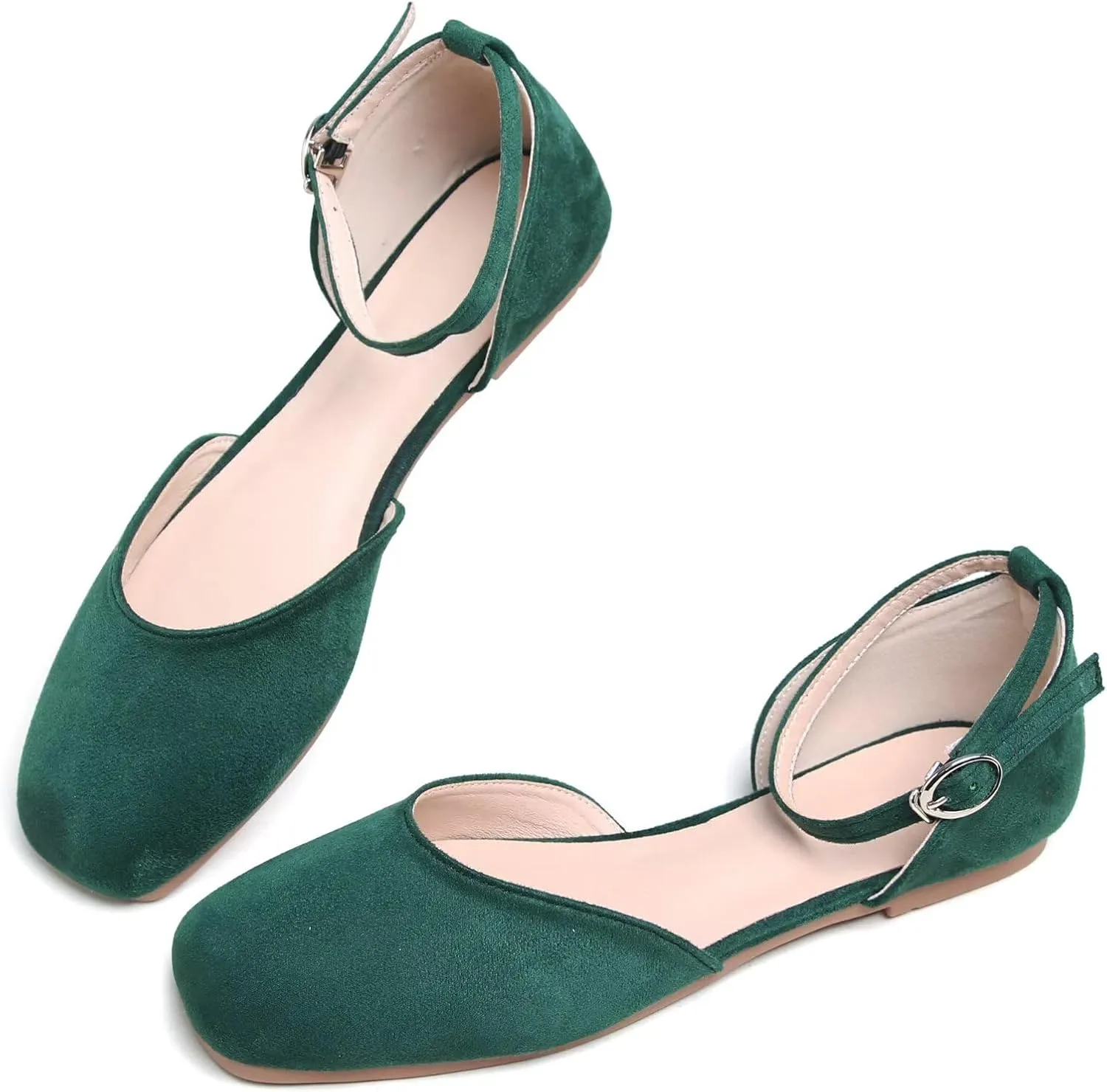 WENJIAZHIZHI Women Square Toe Ankle Buckle Flat Sandals All-Match Comfortable Dressy Wedding Ballets Flats