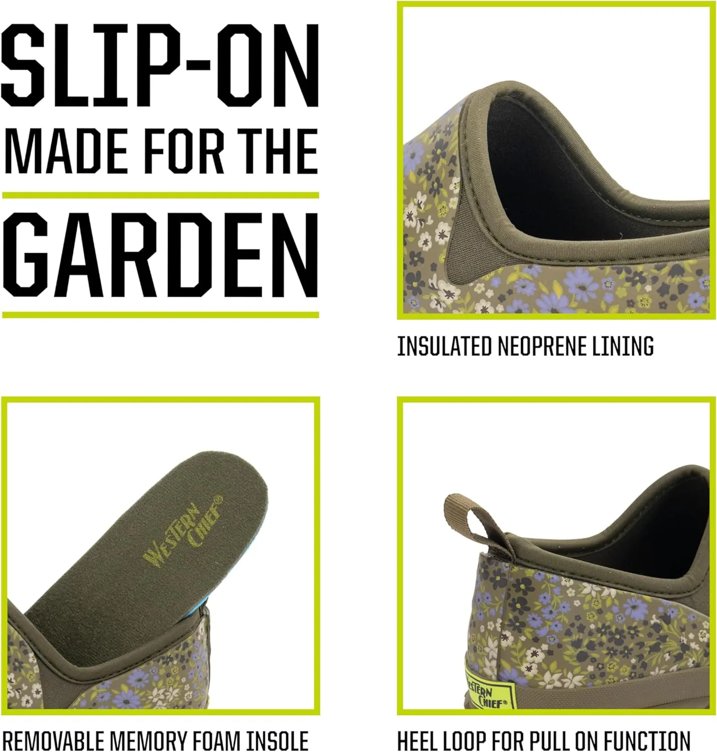Western Chief Womens Neoprene Slip On Shoes Waterproof Rubber, Insulated Lining, Self Cleaning Outsole, Comfortable Memory Foam Insole, Easy Pull On Loops