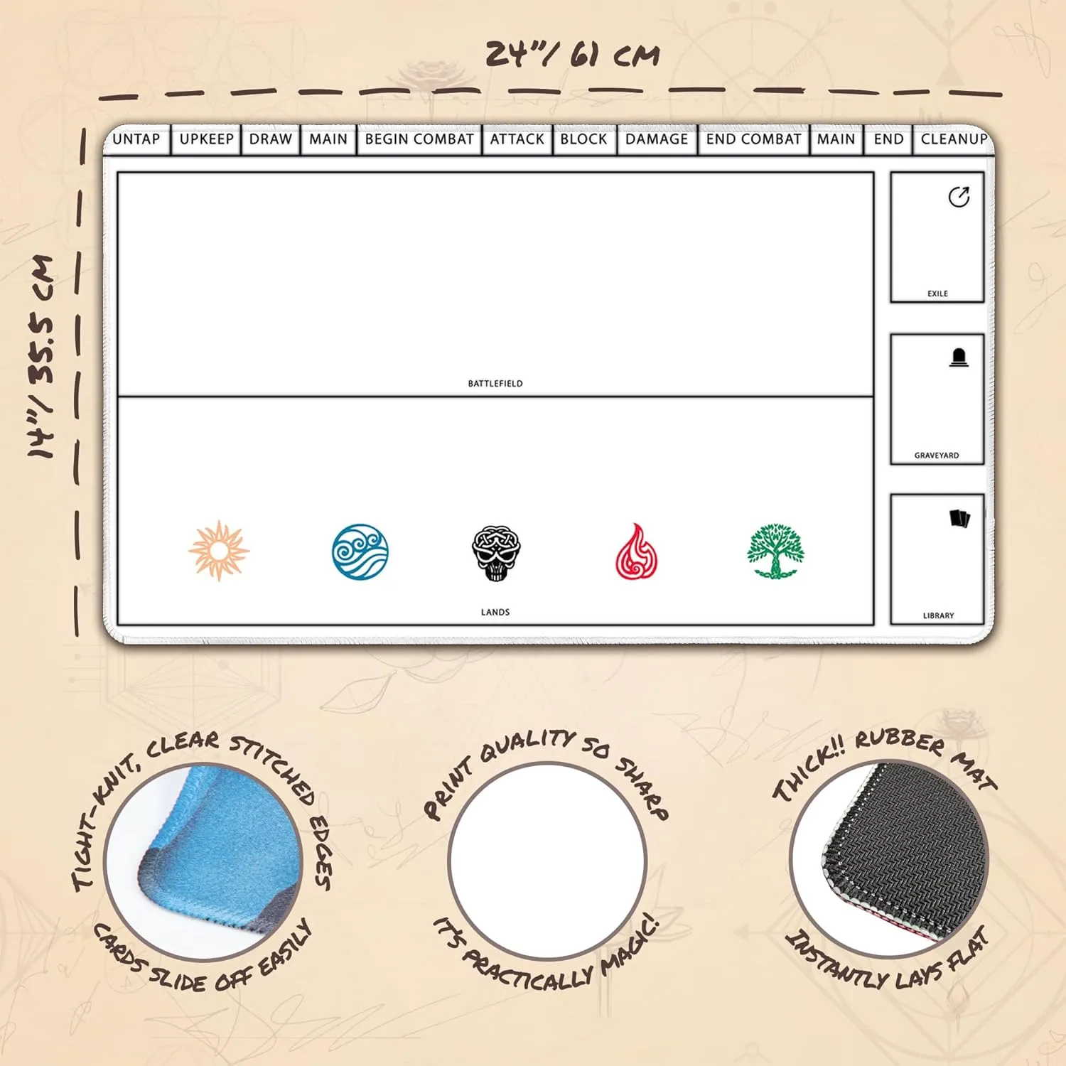 White Playmat with Zones (Stitched) - MTG Playmat - Compatible with Magic The Gathering Playmat - Play MTG, YuGiOh, TCG - Original Play Mat Art Designs & Accessories