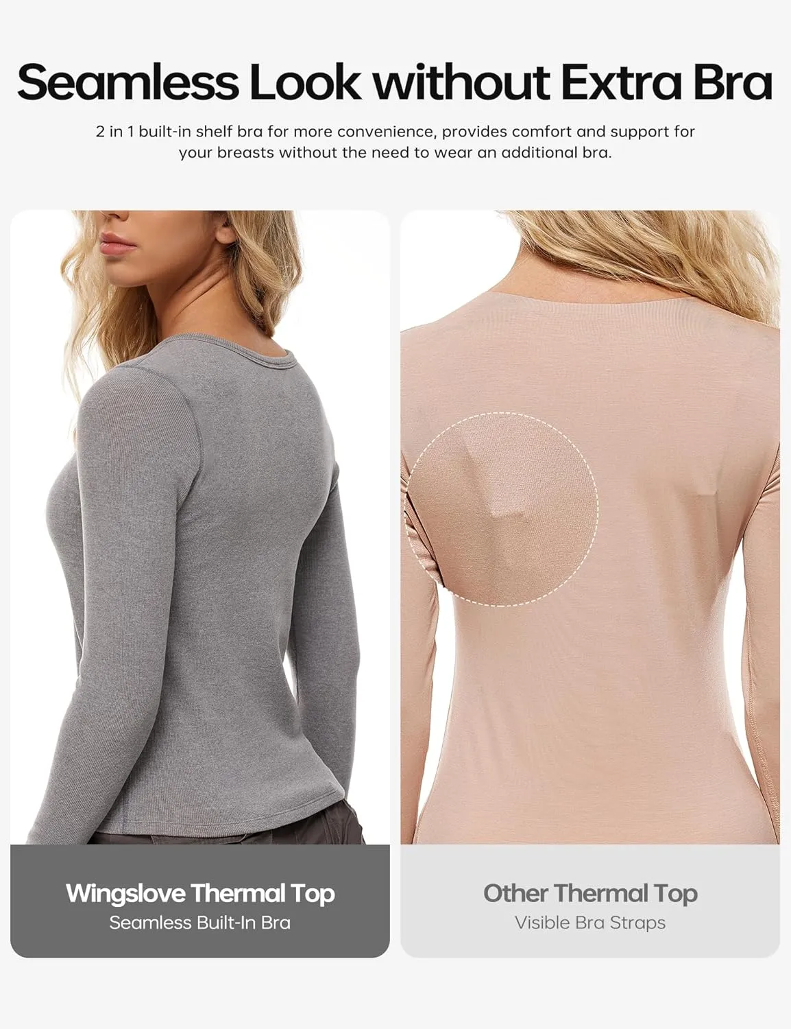 Wingslove Women's Long Sleeve Shirts Thermal Tops V Neck Built in Bra Cold Weather Fit Warm Base Layer Outfits