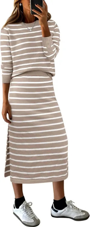 Women 2 Piece Outfits Striped Sweater Skirt Sets Fall Casual Long Sleeve Pullover Top Lounge Travel Midi Dress