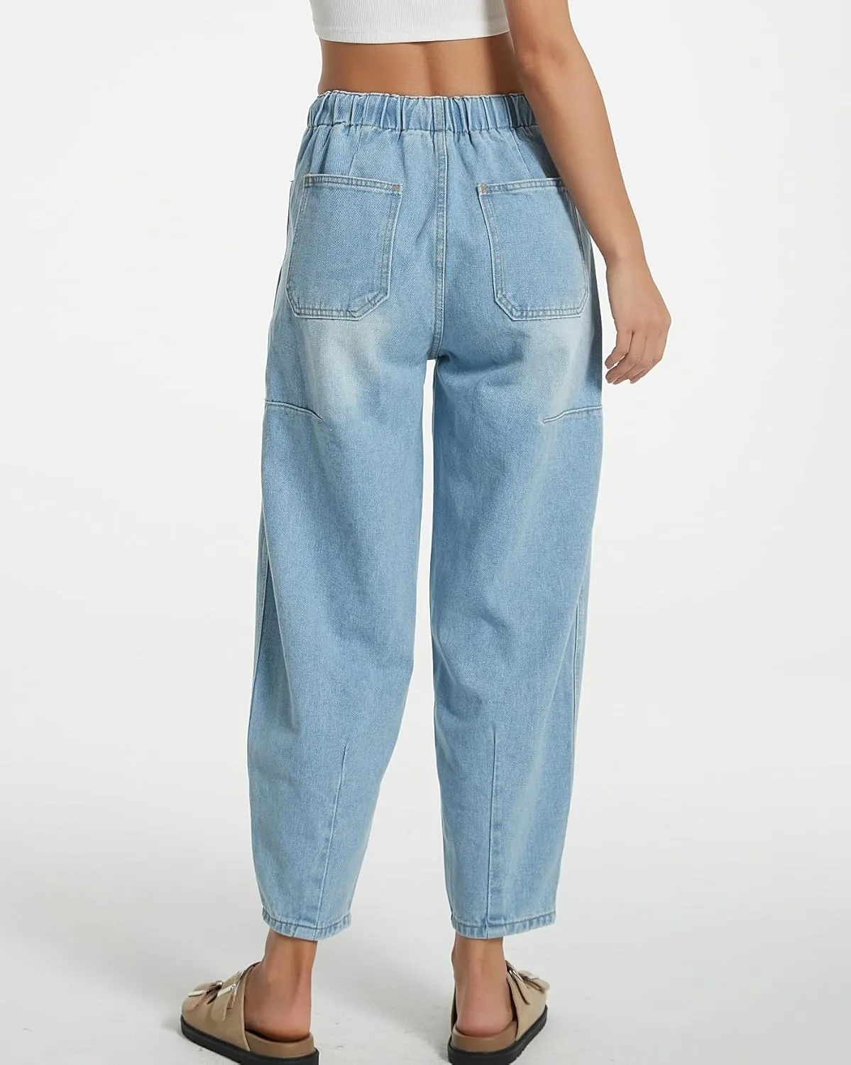 Women Casual Loose Cropped Pants Denim Bloomers Elastic Waist with Pockets
